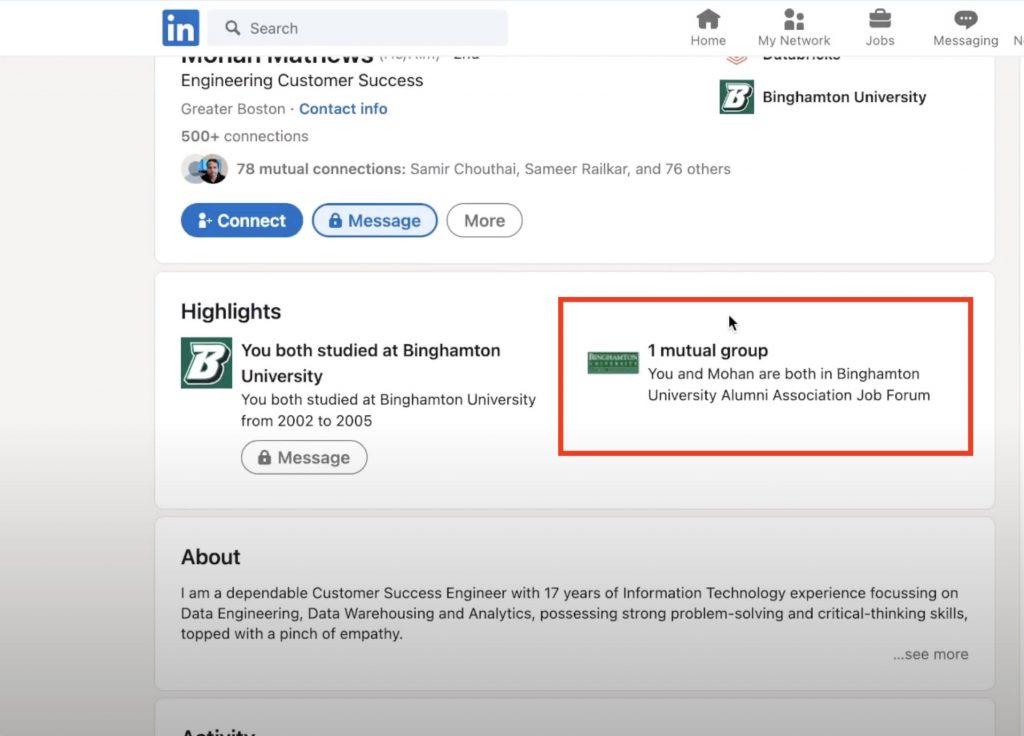 The mutual groups are shown in the Highlights section of the profile.